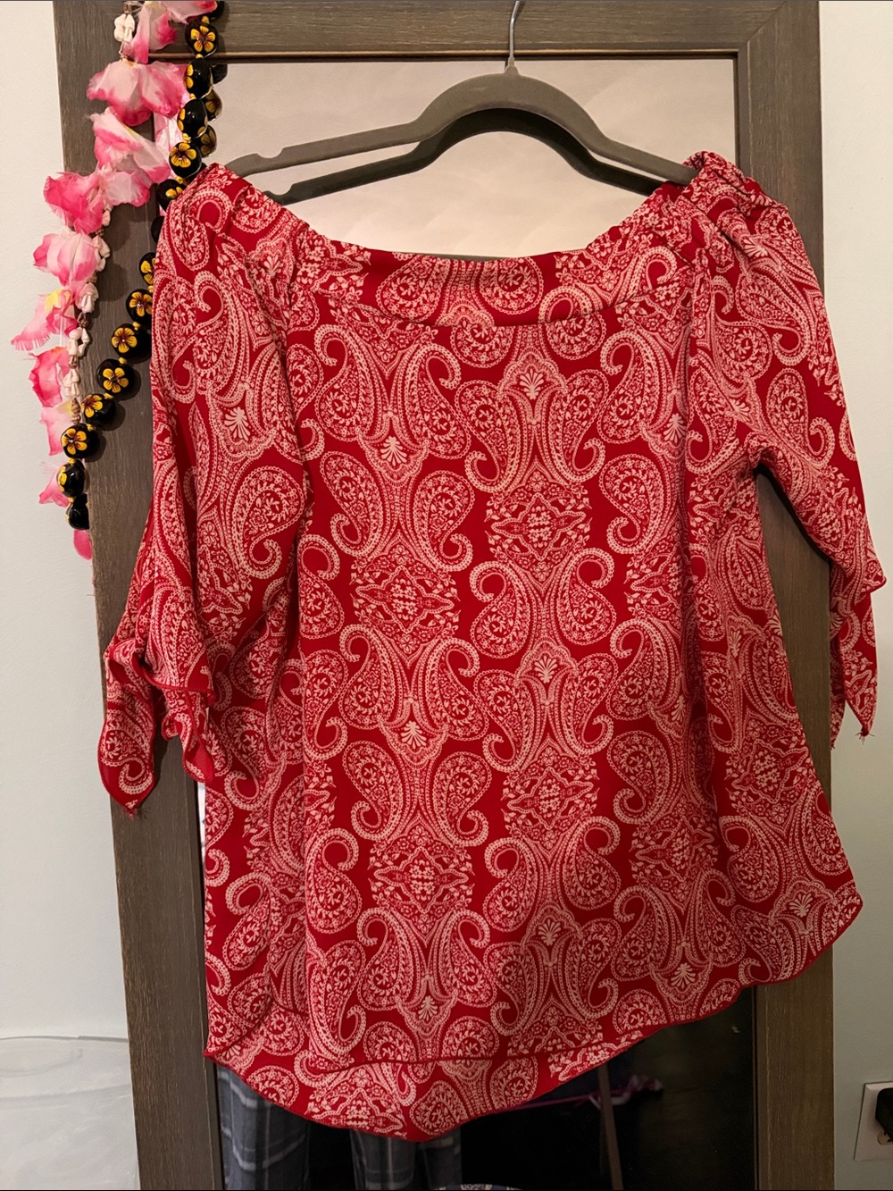 Renee C. Red Paisley Off-the-Shoulder Tie-Sleeve Blouse